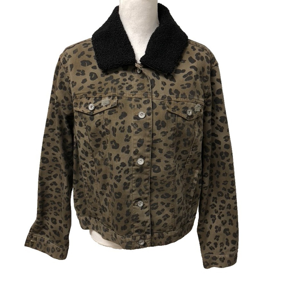 Rock & Republic Jean Jacket Womens XL Leopard Print Sherpa Collar Cropped Edgy